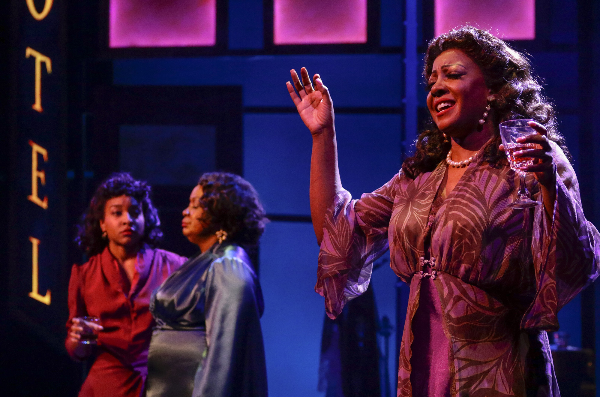 Bryce Charles (The Girl With A Date), Yvette Cason (The Lady From The Road), Paulette Ivory (The Woman Of The World). BLUES IN THE NIGHT. Photo Credit: Lawrence K. Ho.